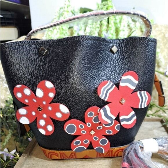 MCM Red Black Goatskin Mini Project Flower Milano Drawstring NWT - Picture 1 of 16